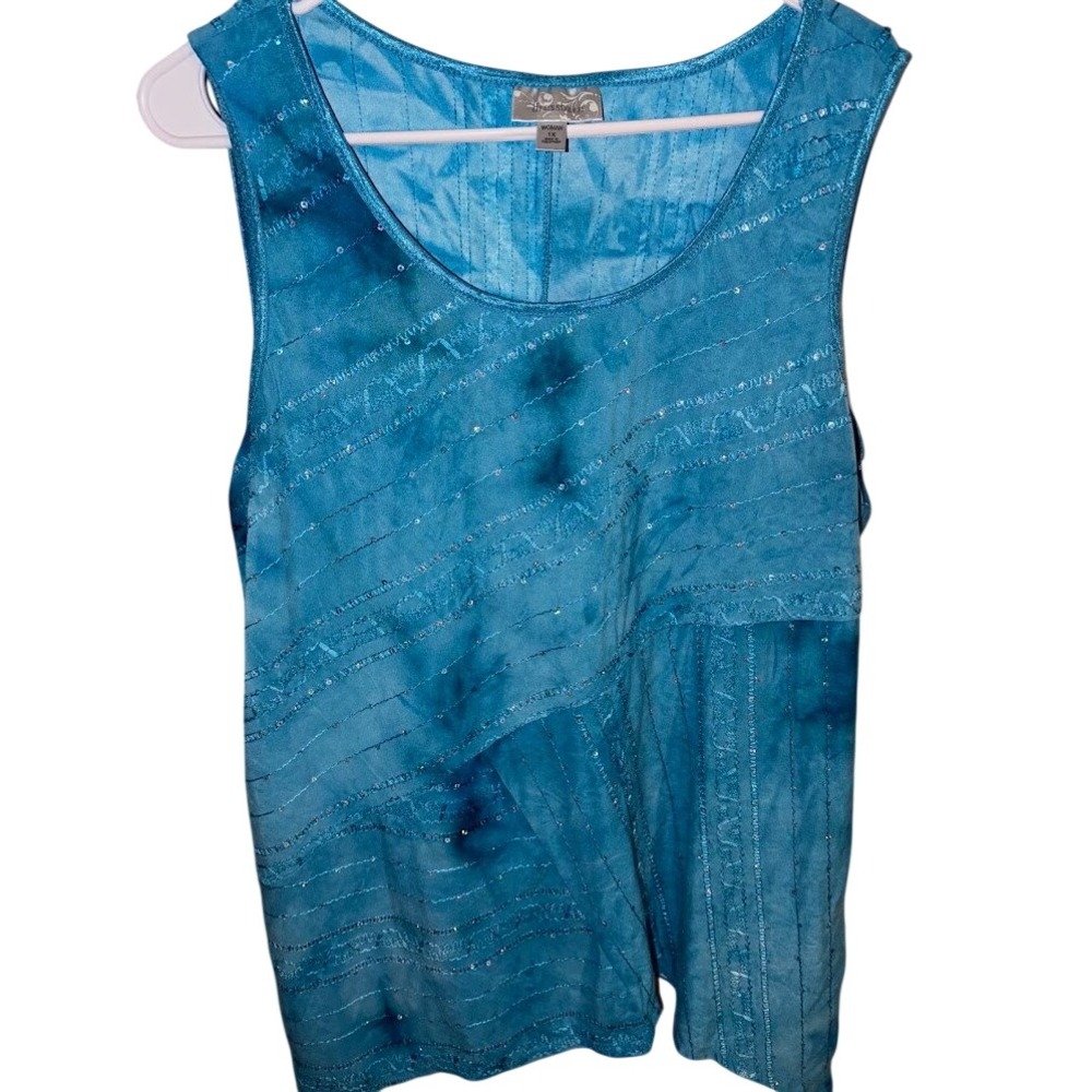 Dressbarn Woman 1X Blue Tie Dye Sequin Sleeveless Tank Top Scoop Neck Blouse